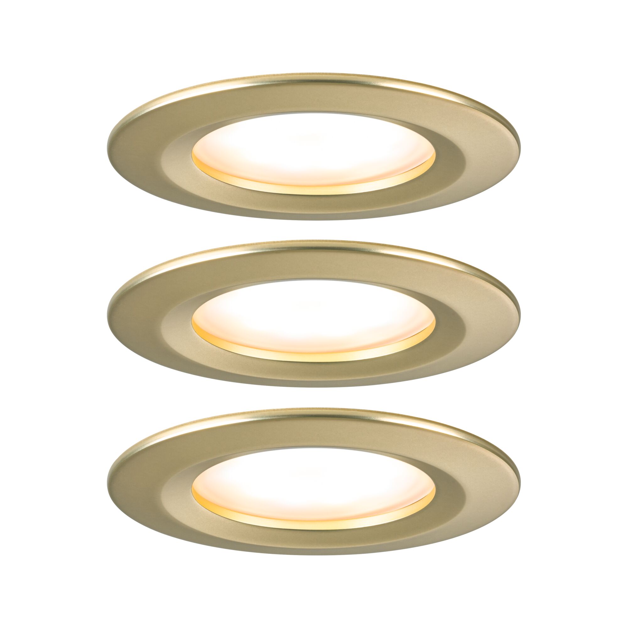 Three gold LED recessed spotlights with warm white light for modern home lighting solutions
