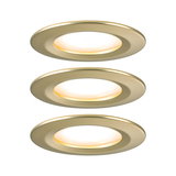 Three gold LED recessed spotlights with warm white light for modern home lighting solutions
