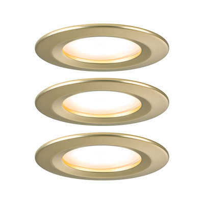 Three gold LED recessed spotlights with warm white light for modern home lighting solutions