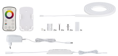 White LED strip set with remote control, power adapter, and mounting accessories for flexible lighting