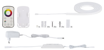 Kit bande LED blanche avec télécommande, alimentation et accessoires de montage pour éclairage flexible