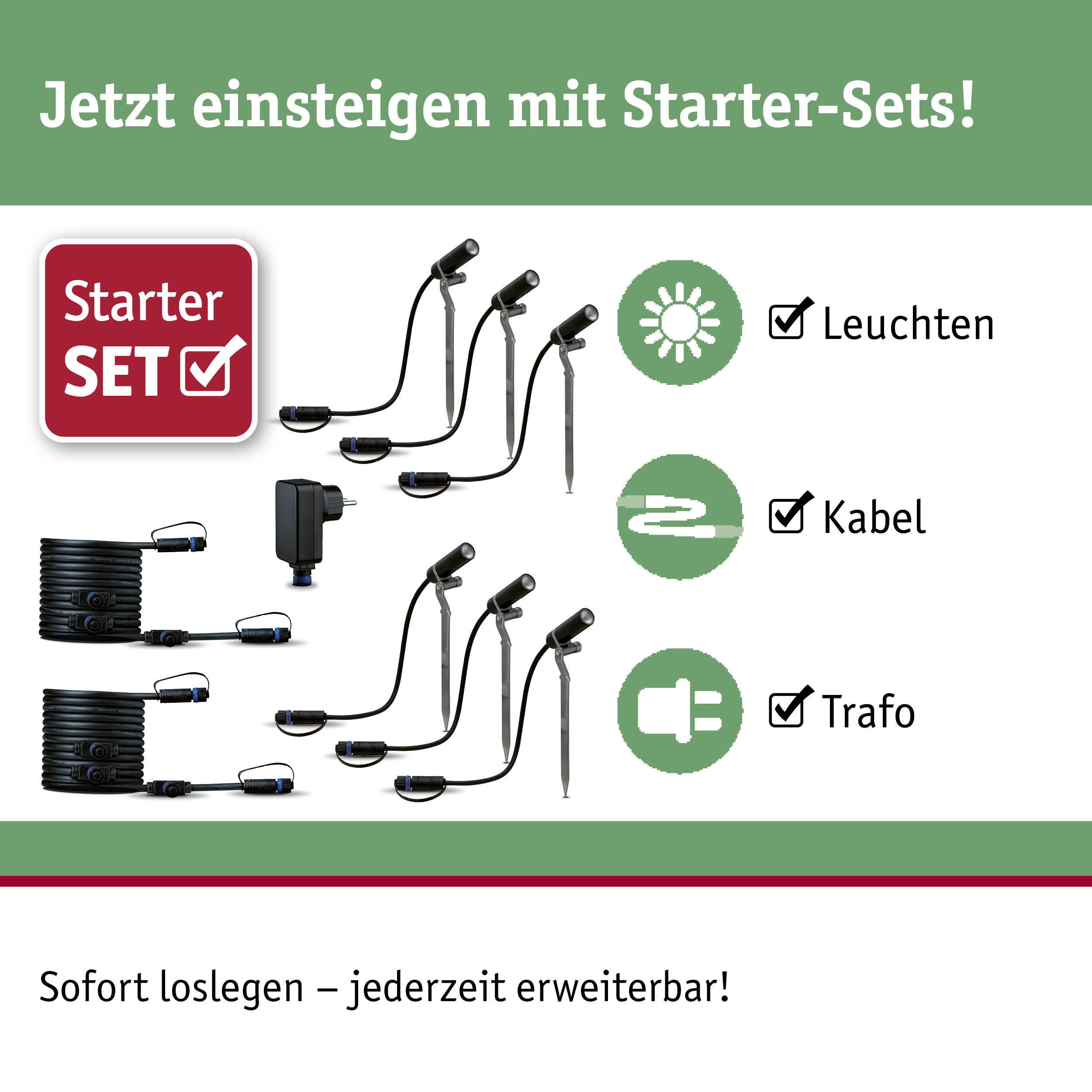 Starter-Set mit schwarzen LED-Gartenstrahlern, Kabel und Trafo für Außenbeleuchtung sofort erweiterbar