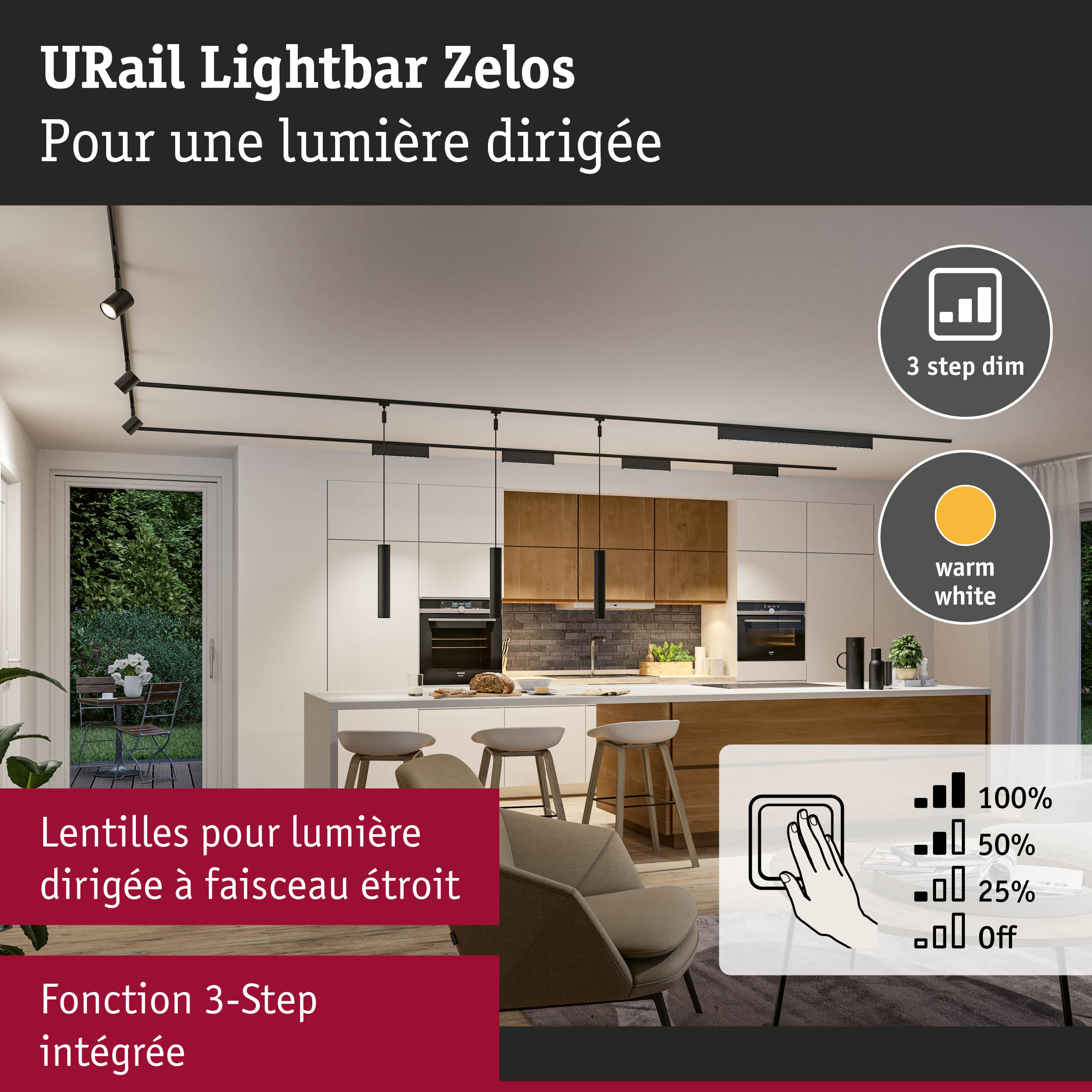 Système de rail URail Lightbar Zelos noir avec éclairage LED dirigé et fonction de gradation 3 étapes intégrée dans cuisine moderne