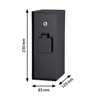 Zwart rechthoekig metalen behuizing met beschermkap, afmetingen 230x85x120 mm voor elektrische installatie