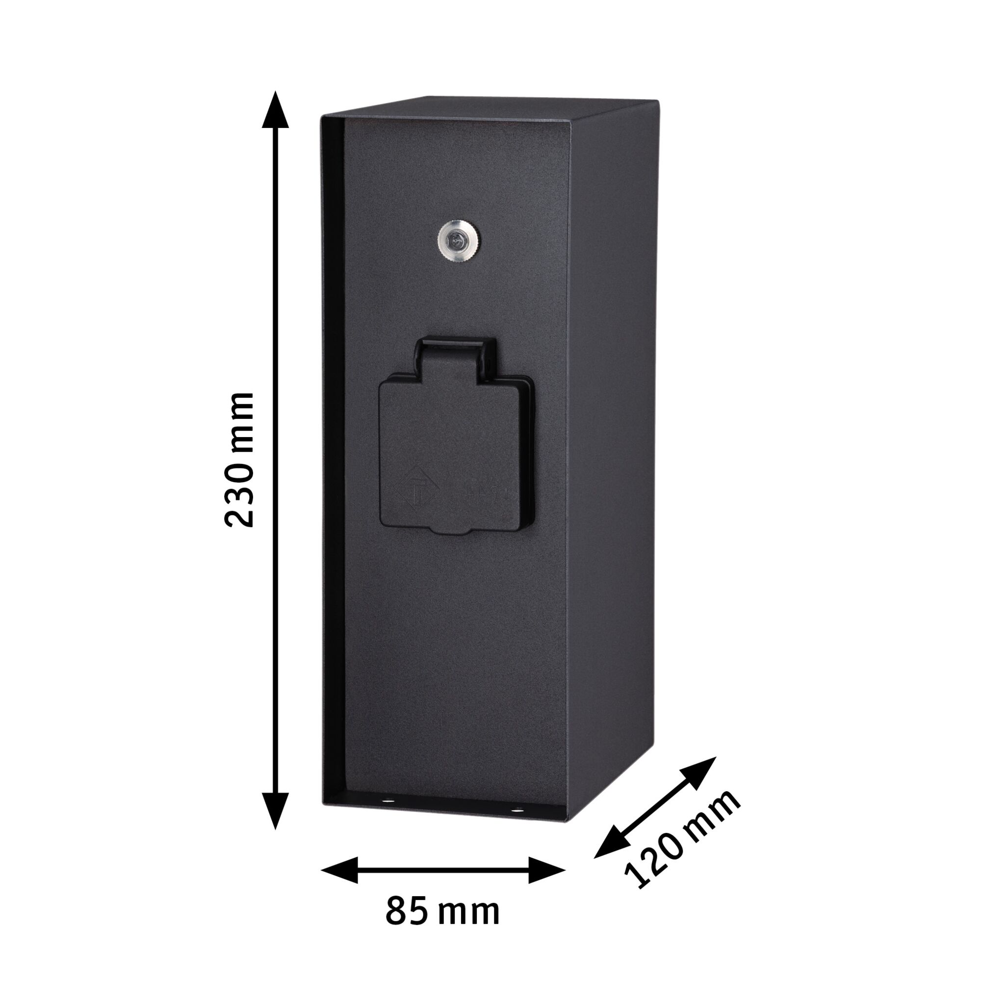 Black rectangular metal housing with protective cover measuring 230x85x120 mm for electrical installation