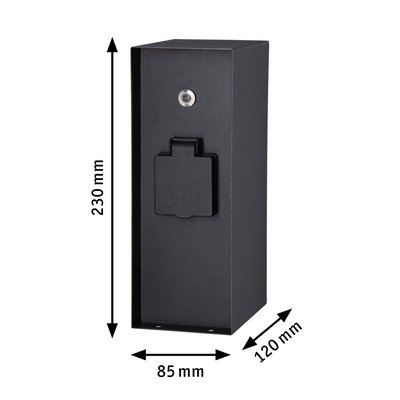 Schwarzes rechteckiges Metallgehäuse mit Schutzabdeckung und Maßen 230x85x120 mm für Elektroinstallation