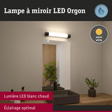 Lampe à miroir LED Orgon avec lumière blanc chaud au-dessus d'un lavabo noir sur plan de travail en bois