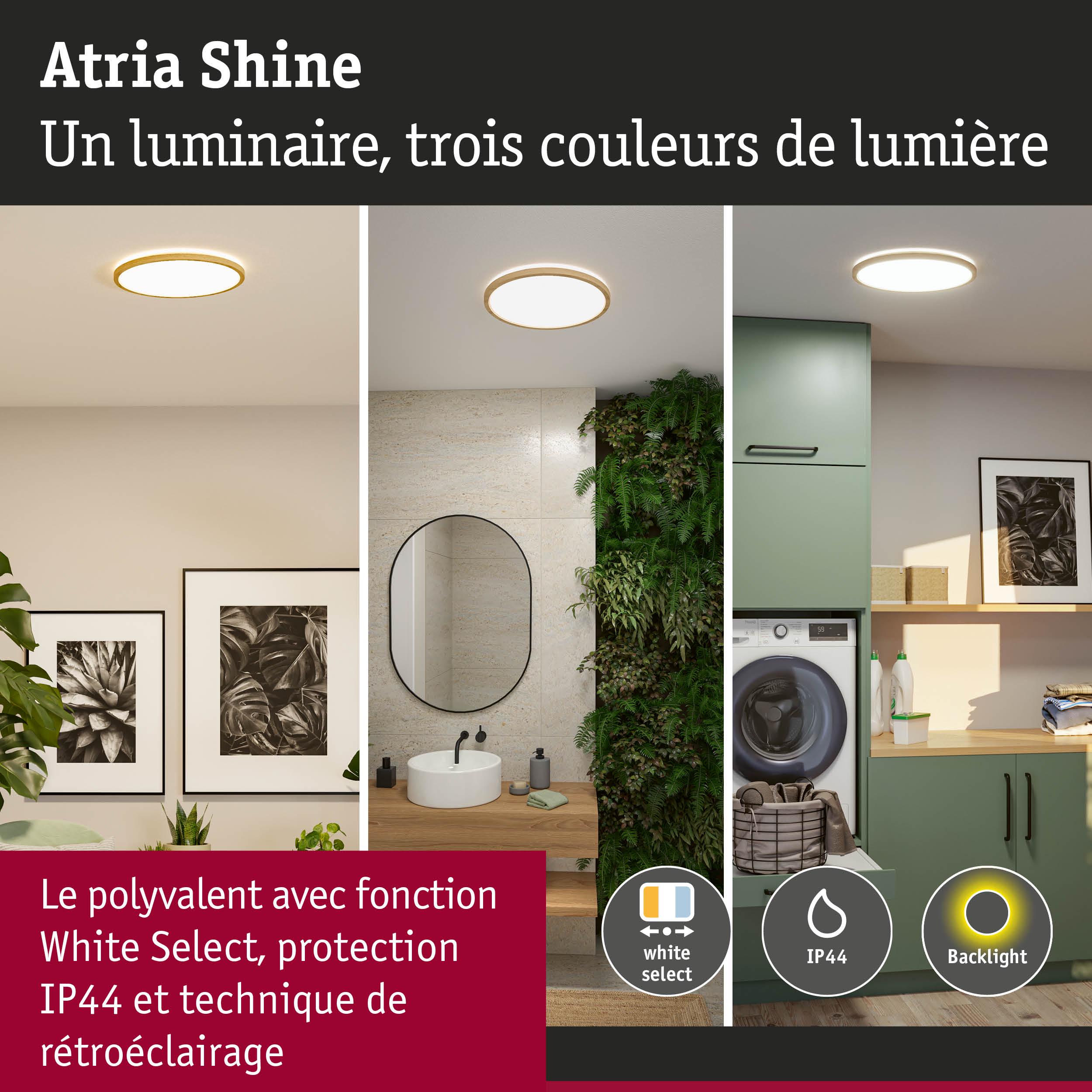 Plafonnier rond Atria Shine avec trois couleurs de lumière, protection IP44 et rétroéclairage pour intérieur