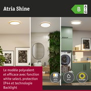 Plafonnier LED Atria Shine avec cadre en bois blanc, protection IP44 et technologie Backlight