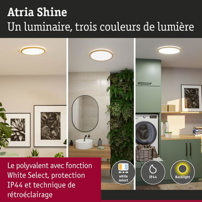 Plafonnier rond Atria Shine avec trois couleurs de lumière, protection IP44 et rétroéclairage pour intérieur