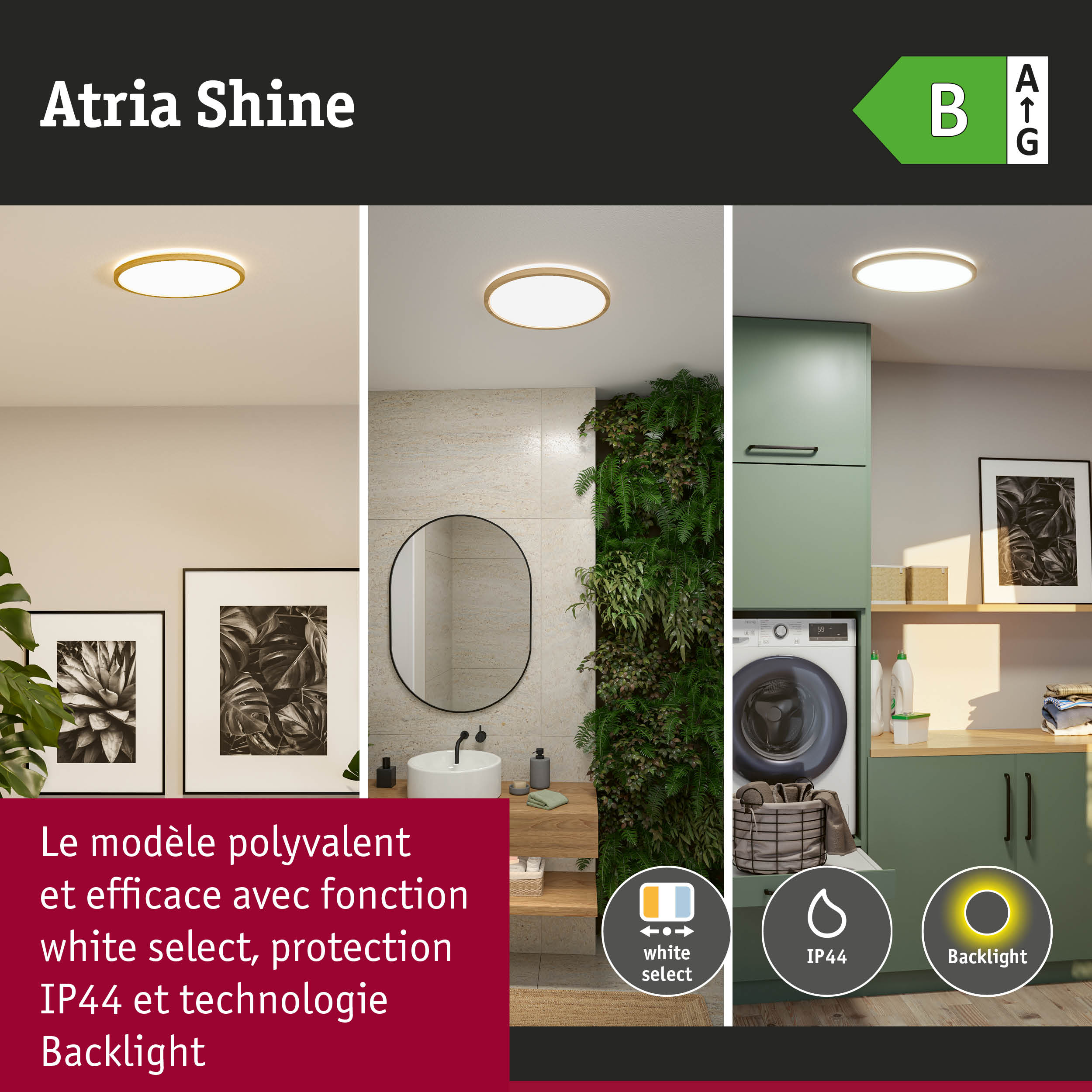 Plafonnier LED Atria Shine avec cadre en bois blanc, protection IP44 et technologie Backlight
