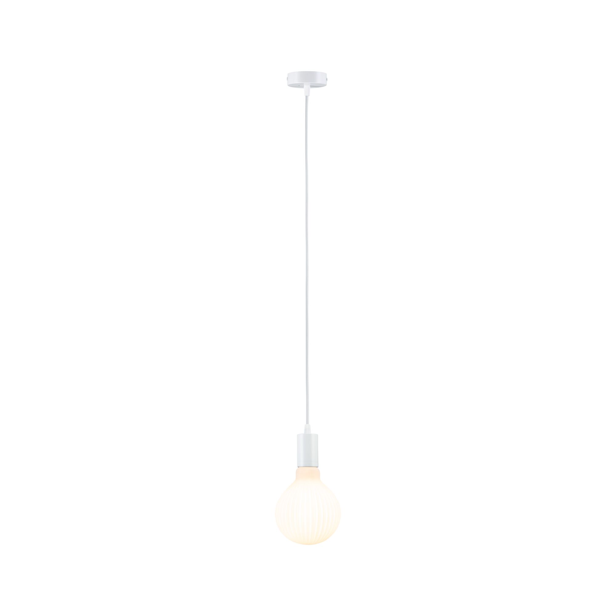 White pendant light with ribbed glass bulb, modern design for living spaces lighting.