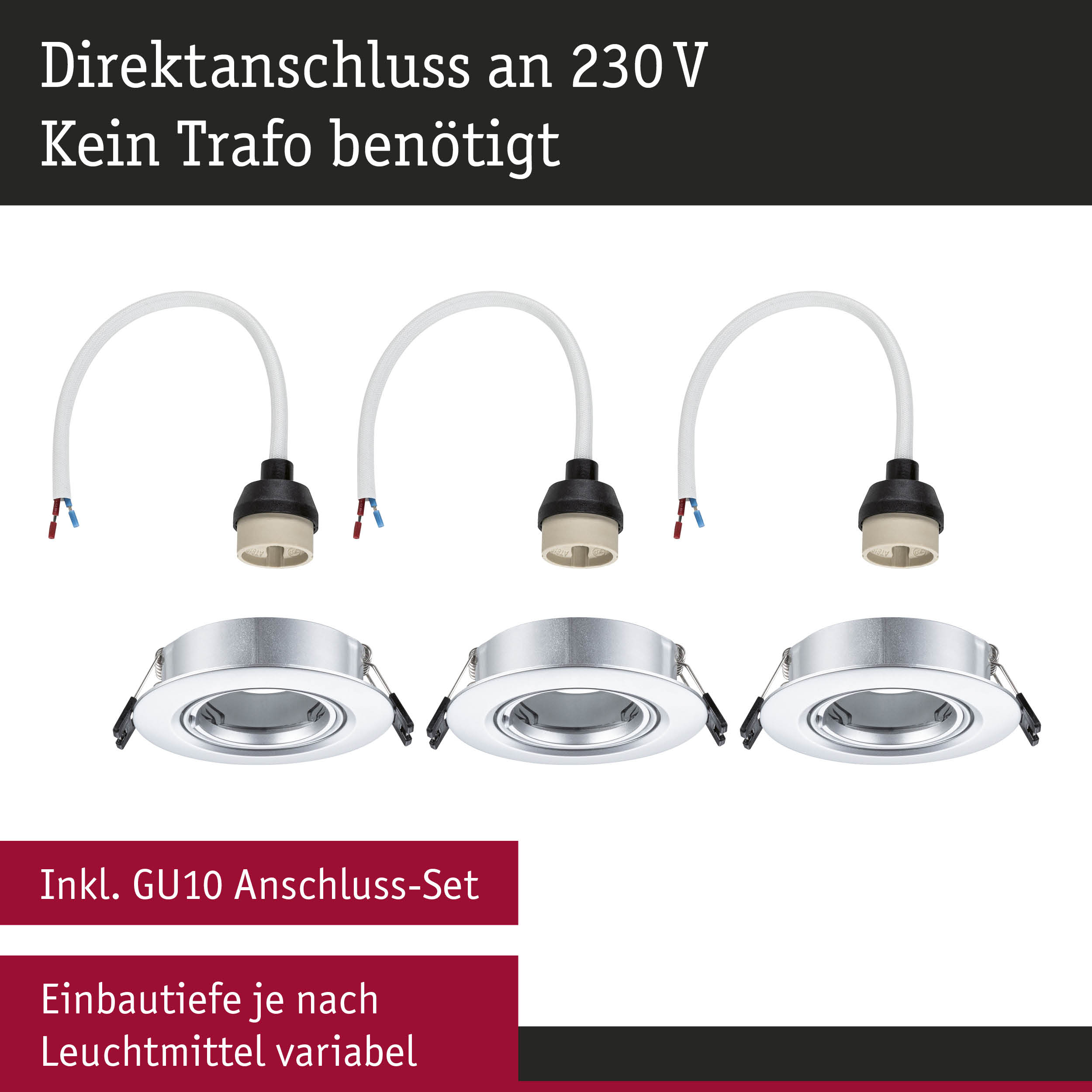 Drei weiße GU10 Lampenfassungen mit Kabeln und silbernen Einbaurahmen für LED Einbaustrahler