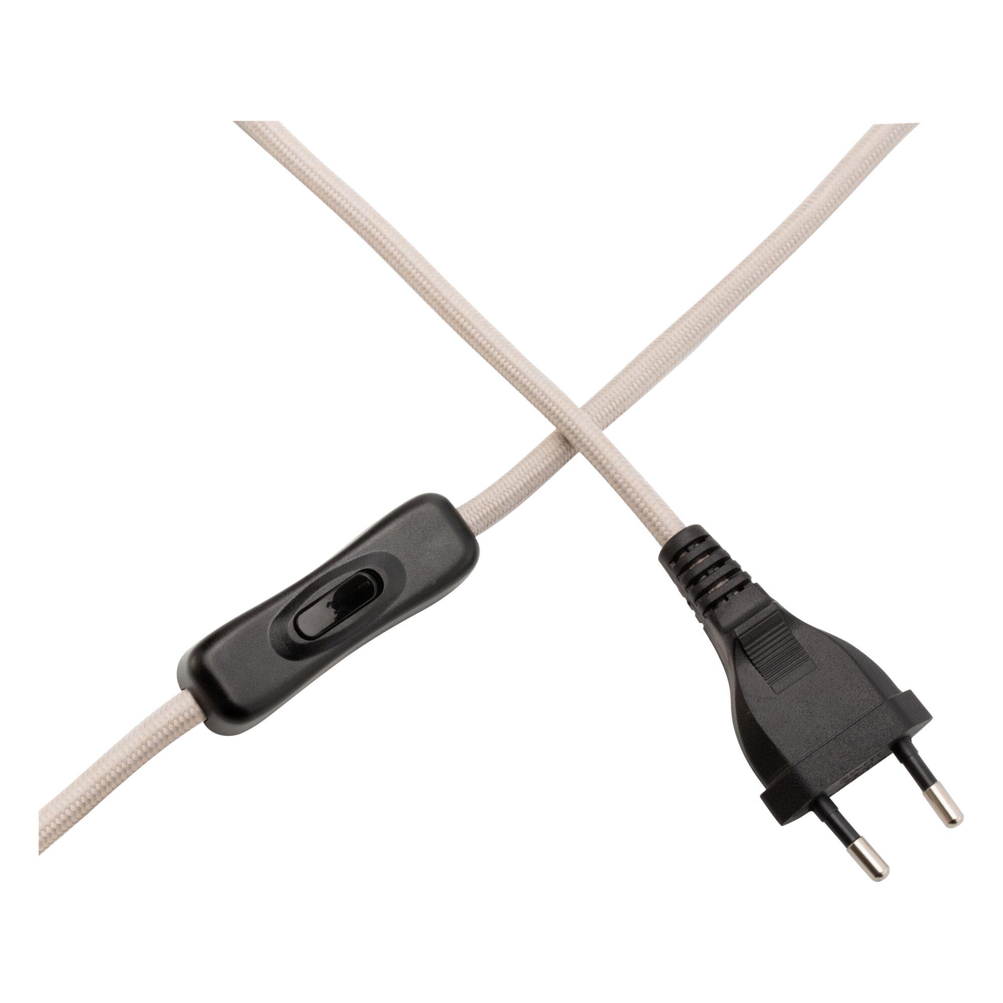Beige tekstilkabel med sort tænd/sluk-knap og Euro-stik til belysning og elektronik.