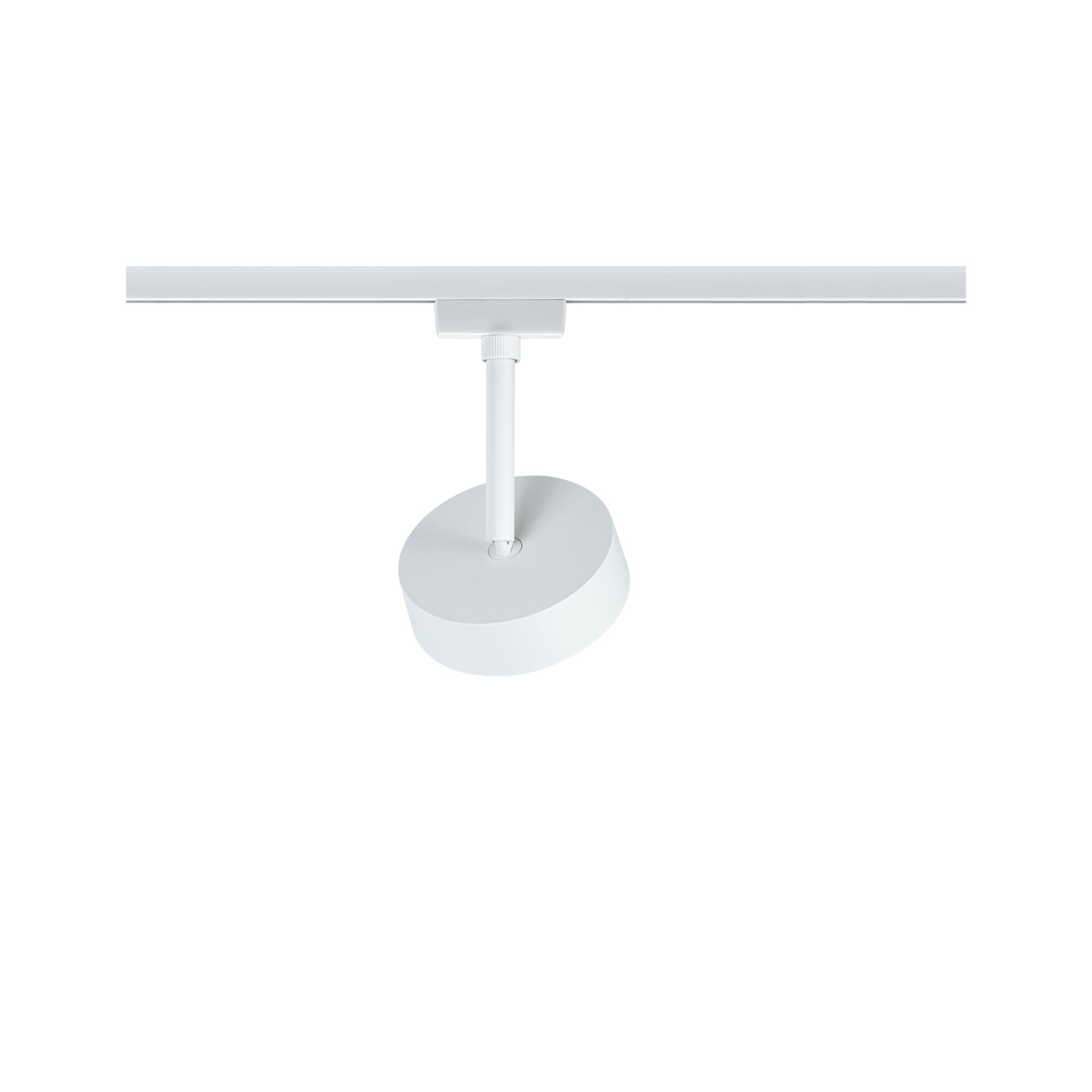 Weißer LED-Spot aus Metall an Schienensystem für flexible Beleuchtung im Innenraum