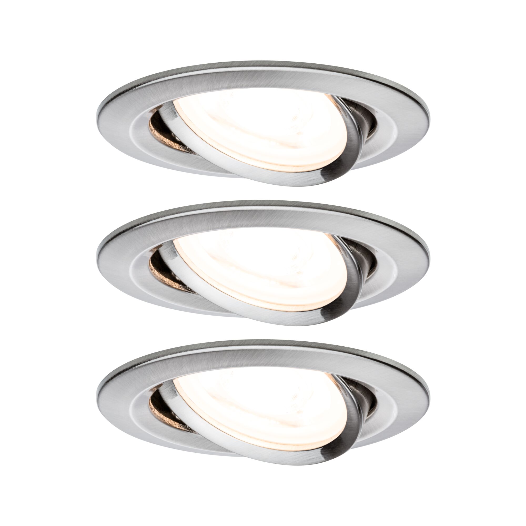 Three round recessed spotlights in brushed aluminum with adjustable silver LED lamp heads