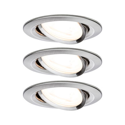 Drie ronde inbouwspots van geborsteld aluminium met verstelbare zilveren LED-lampen