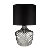 Table lamp with black fabric shade and textured clear glass base for stylish home lighting