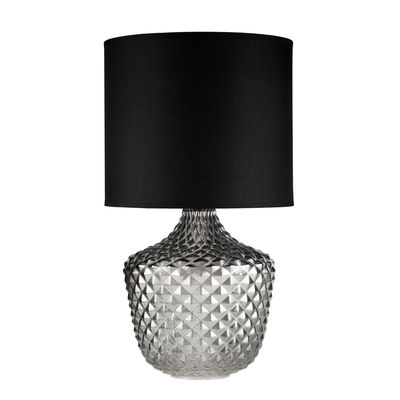 Table lamp with black fabric shade and textured clear glass base for stylish home lighting