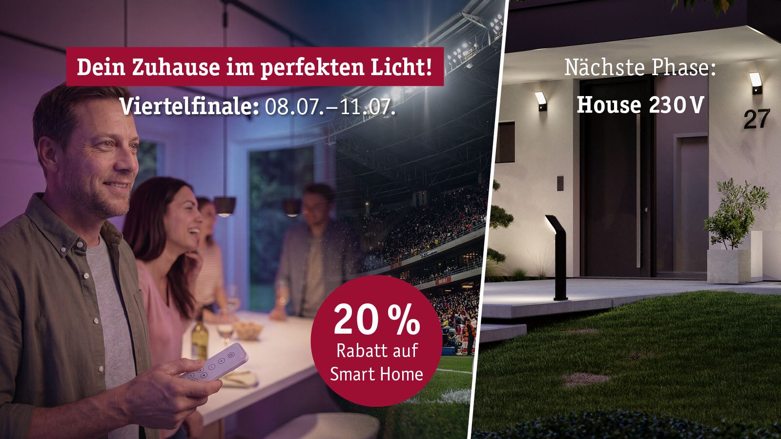 Mann steuert Smart Home Beleuchtung im modernen Wohnzimmer mit Rabattaktion für smarte Lichttechnik.