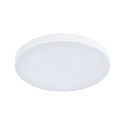 Round white LED ceiling light made of plastic for modern room lighting and energy-efficient illumination