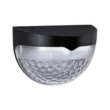 Half-round outdoor wall light in black plastic with clear textured glass for garden lighting