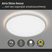 Ronde witte plafondlamp met sensor, IP44-classificatie, neutraal wit licht en achtergrondverlichting