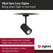 Black URail Spot Luxe Zigbee LED spotlight with smart colour changing for track lighting systems