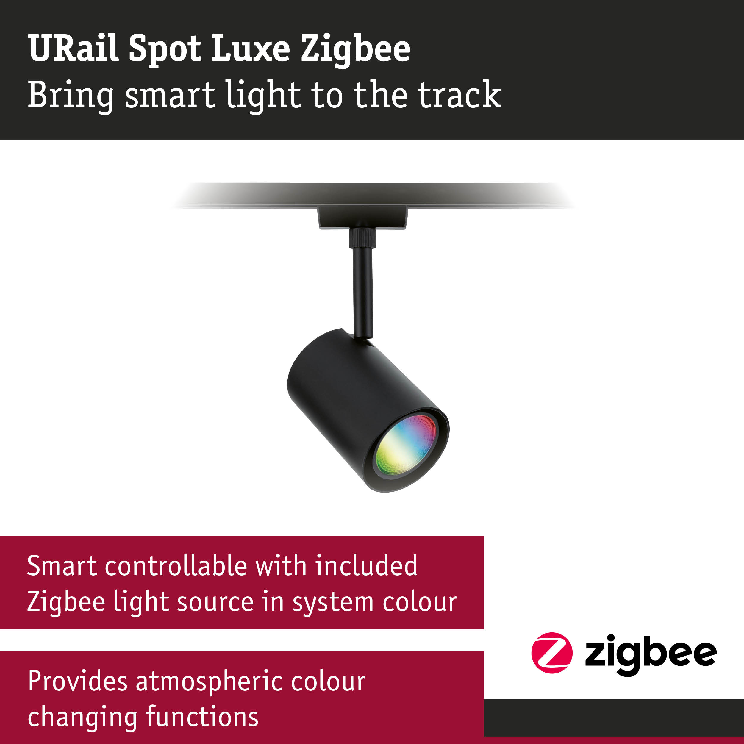 Black URail Spot Luxe Zigbee LED spotlight with smart colour changing for track lighting systems