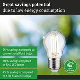 Energy-saving clear glass LED bulb with metal base highlighting high efficiency and savings potential