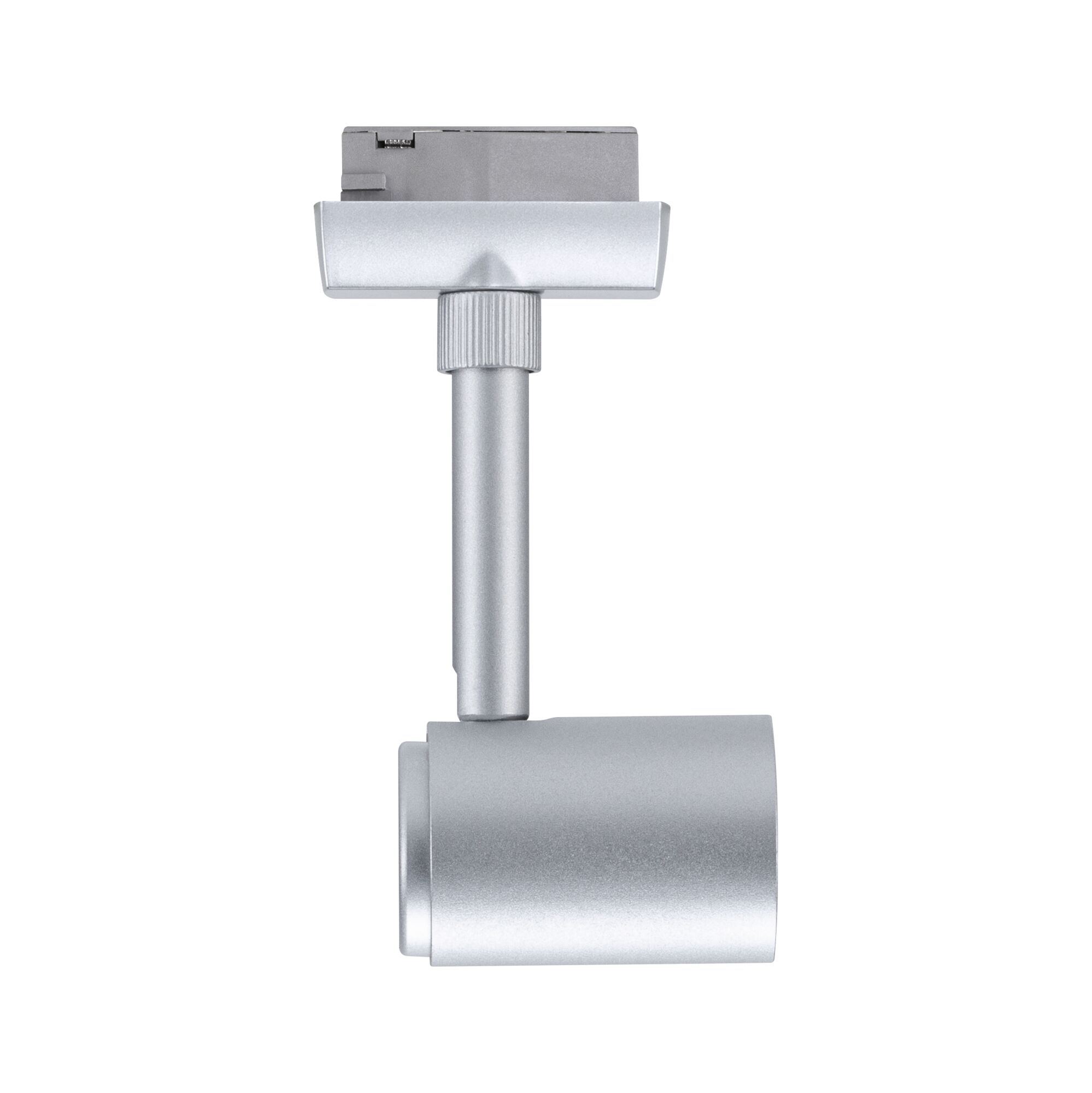 Silver metal LED spotlight with adjustable head for track lighting, modern indoor lighting solution