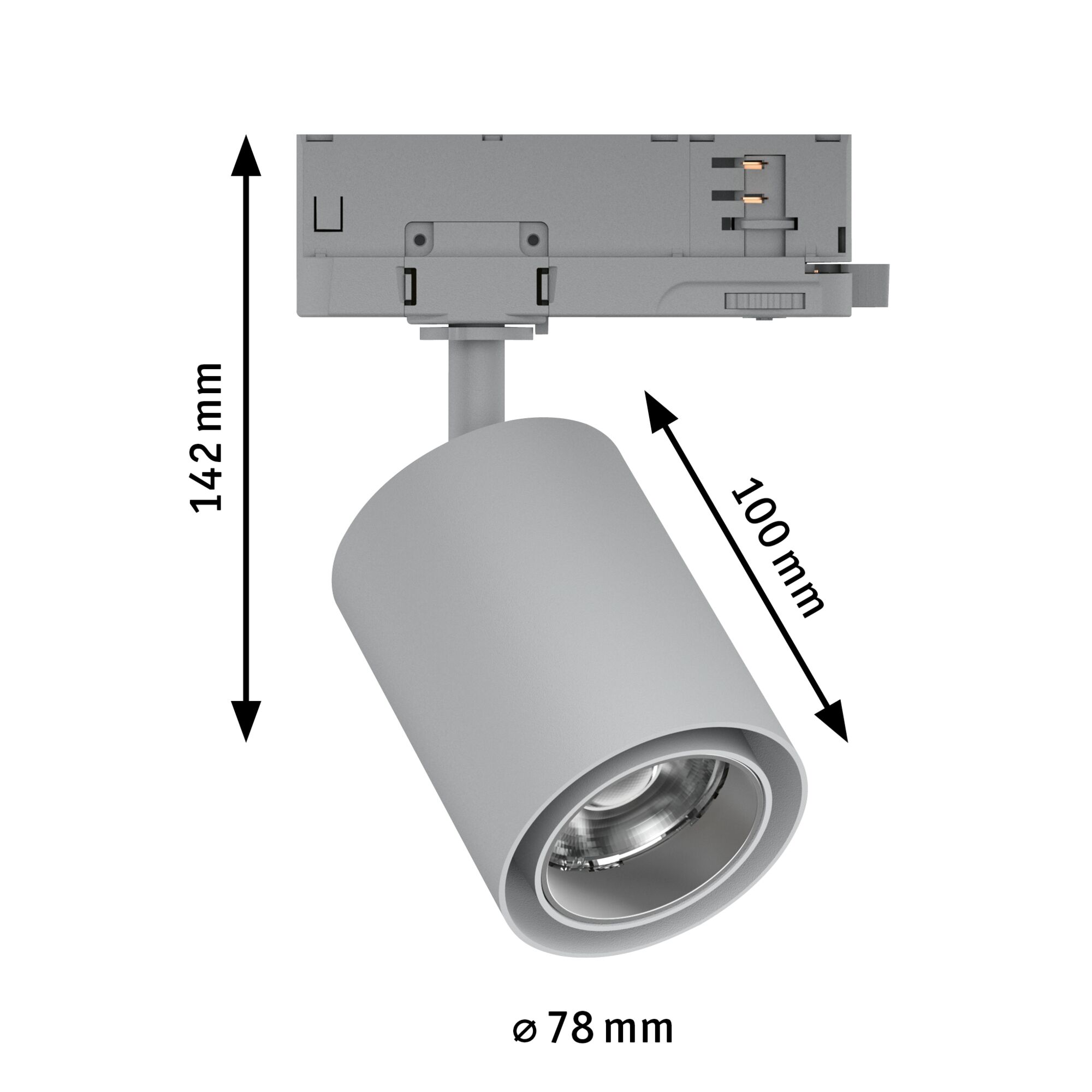Gray metal LED spotlight with 78 mm diameter and 142 mm height for modern indoor lighting