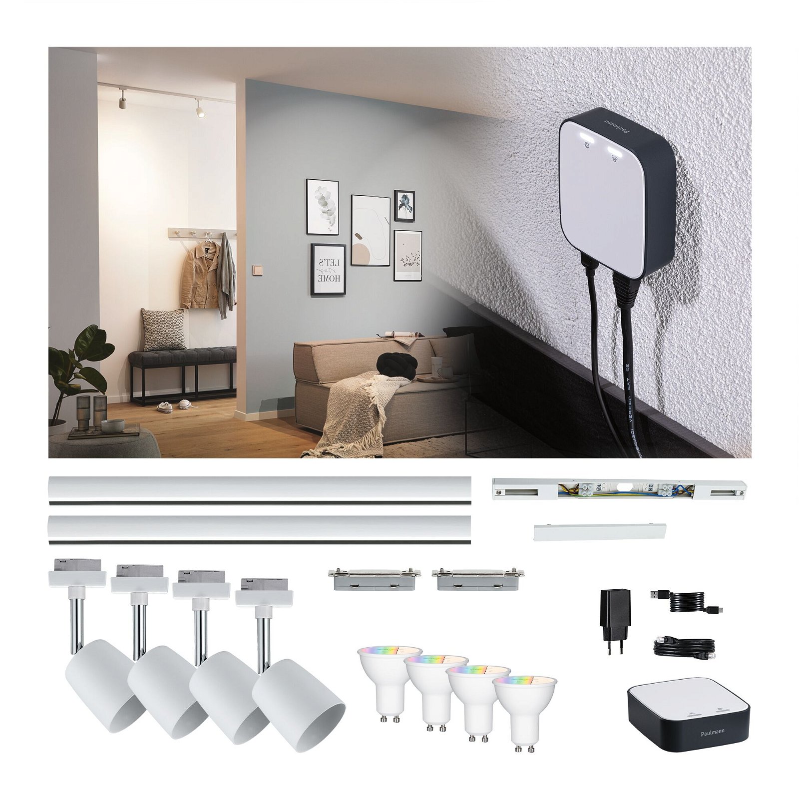 URail Kits de démarrage Smart Home smik Gateway + jeu de 4 spots sur rail Cover, réflecteur LED GU10 inclus