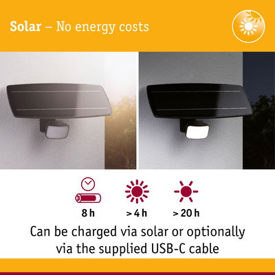 Black solar-powered outdoor light with motion sensor, charges 8 hours via USB-C or solar energy