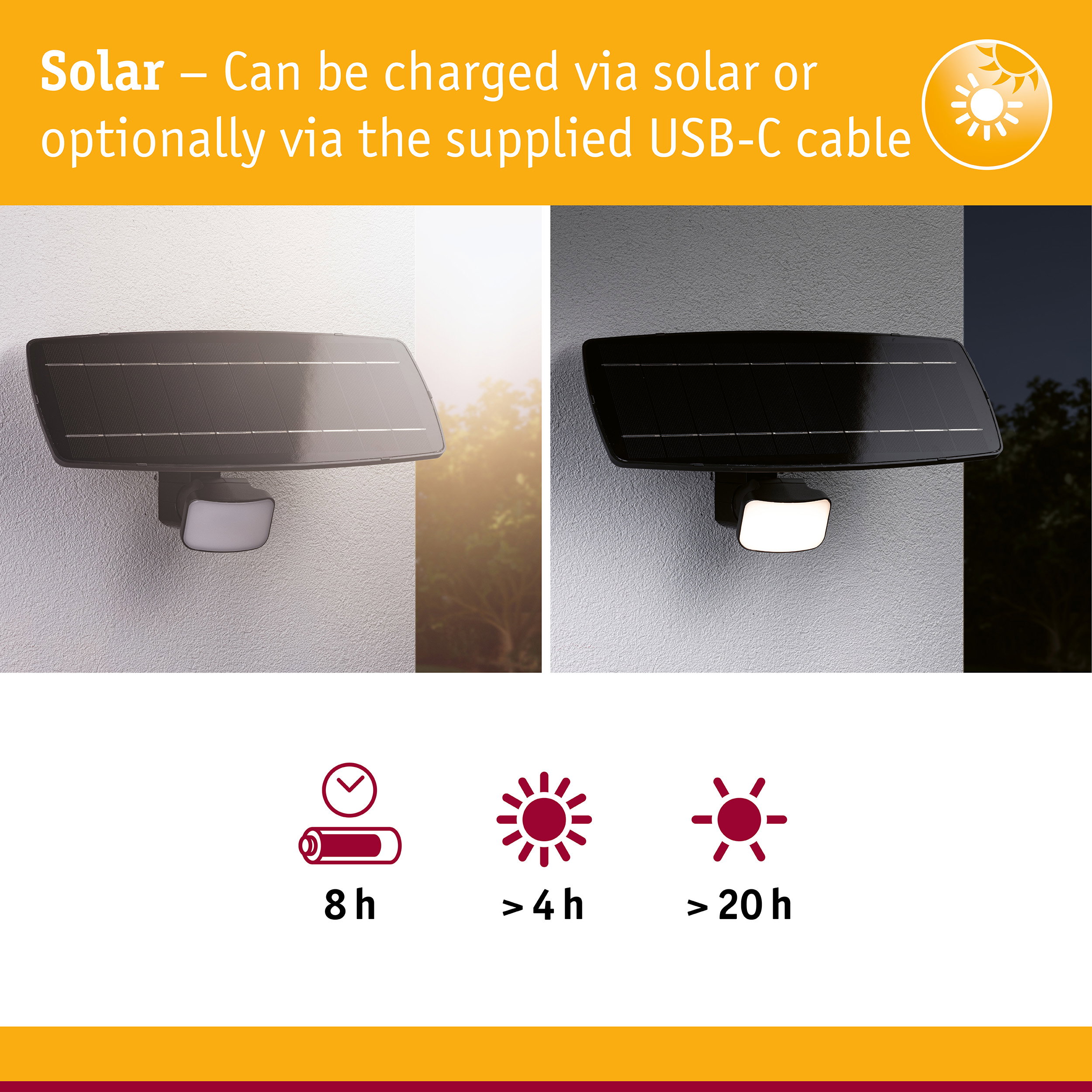 Solar-powered outdoor light with black solar panel and white LED for energy-efficient lighting