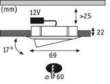Technical drawing of 12V LED recessed spotlight with 60mm diameter and 17-degree tilt angle