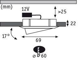 Technische Zeichnung eines LED-Einbaustrahler mit 12V Anschluss und 60mm Durchmesser, Neigung 17 Grad