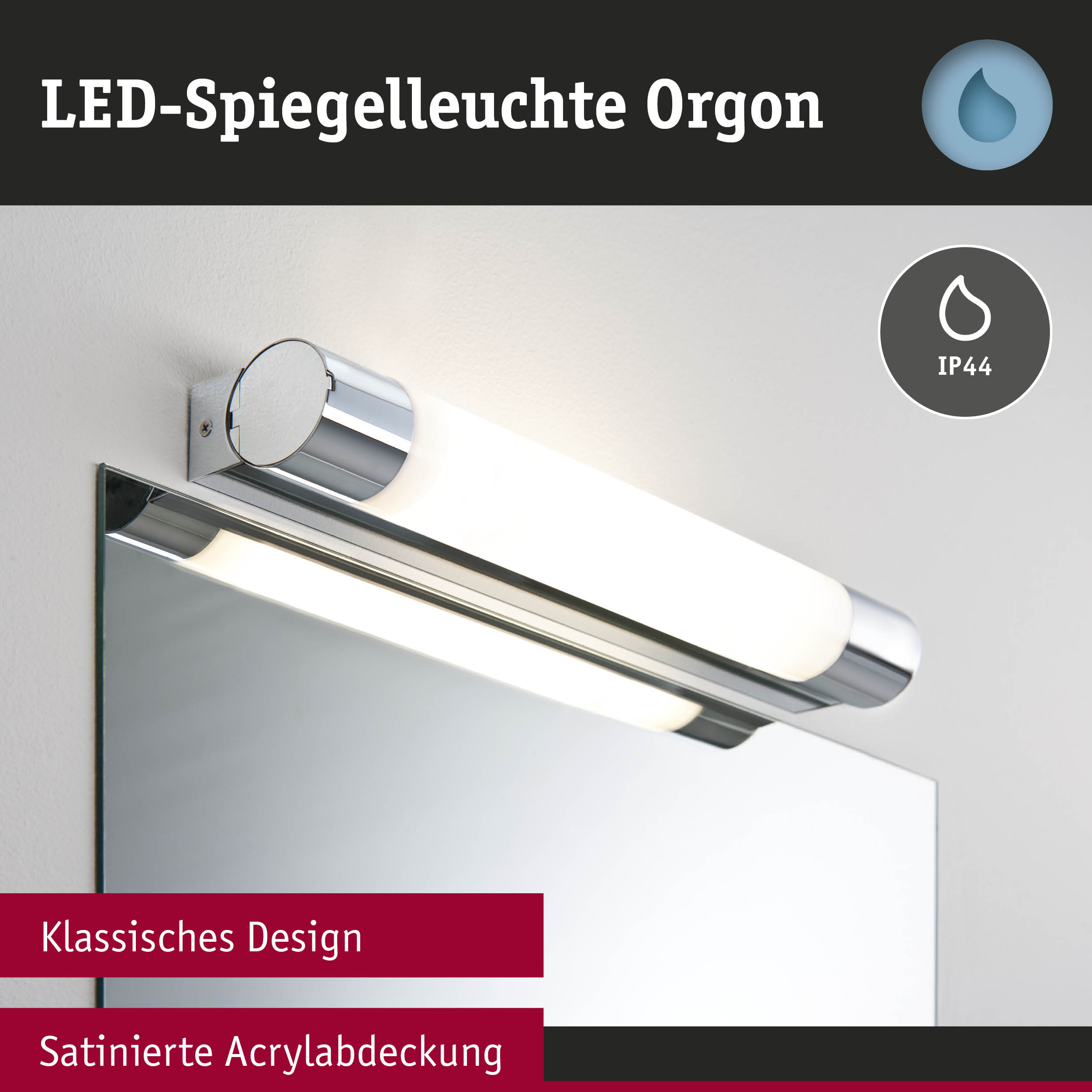 LED-Spiegelleuchte Orgon mit klassischem Design, satinierter Acrylabdeckung und Chrom-Material für Badezimmerbeleuchtung