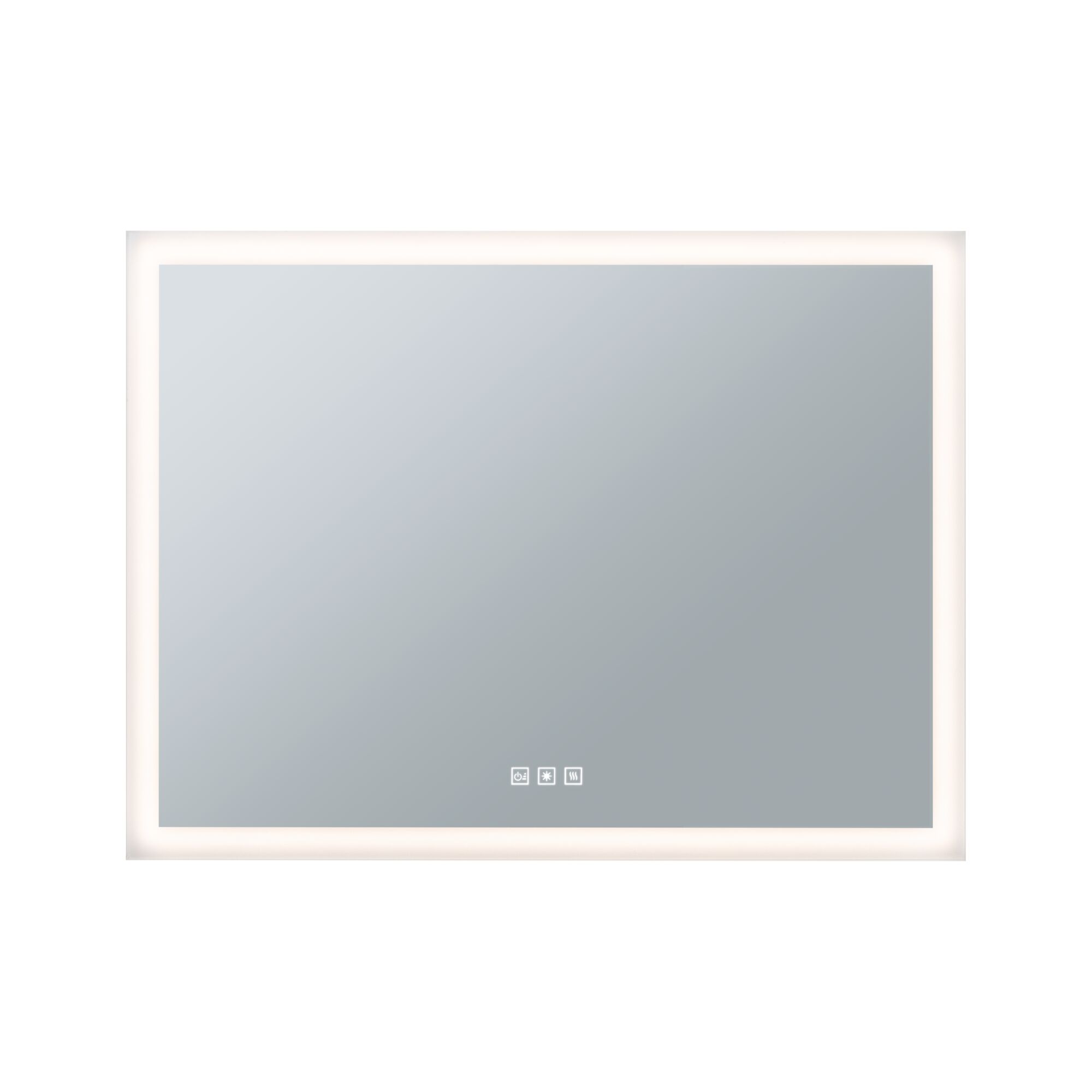 Rectangular LED mirror with white frame and touch controls for bathroom lighting