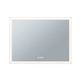 Rectangular LED mirror with white frame and touch controls for bathroom lighting