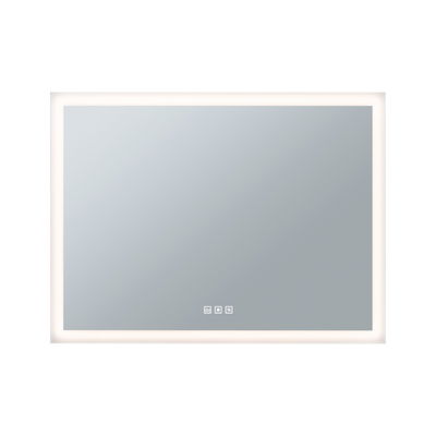 Rectangular LED mirror with white frame and touch controls for bathroom lighting