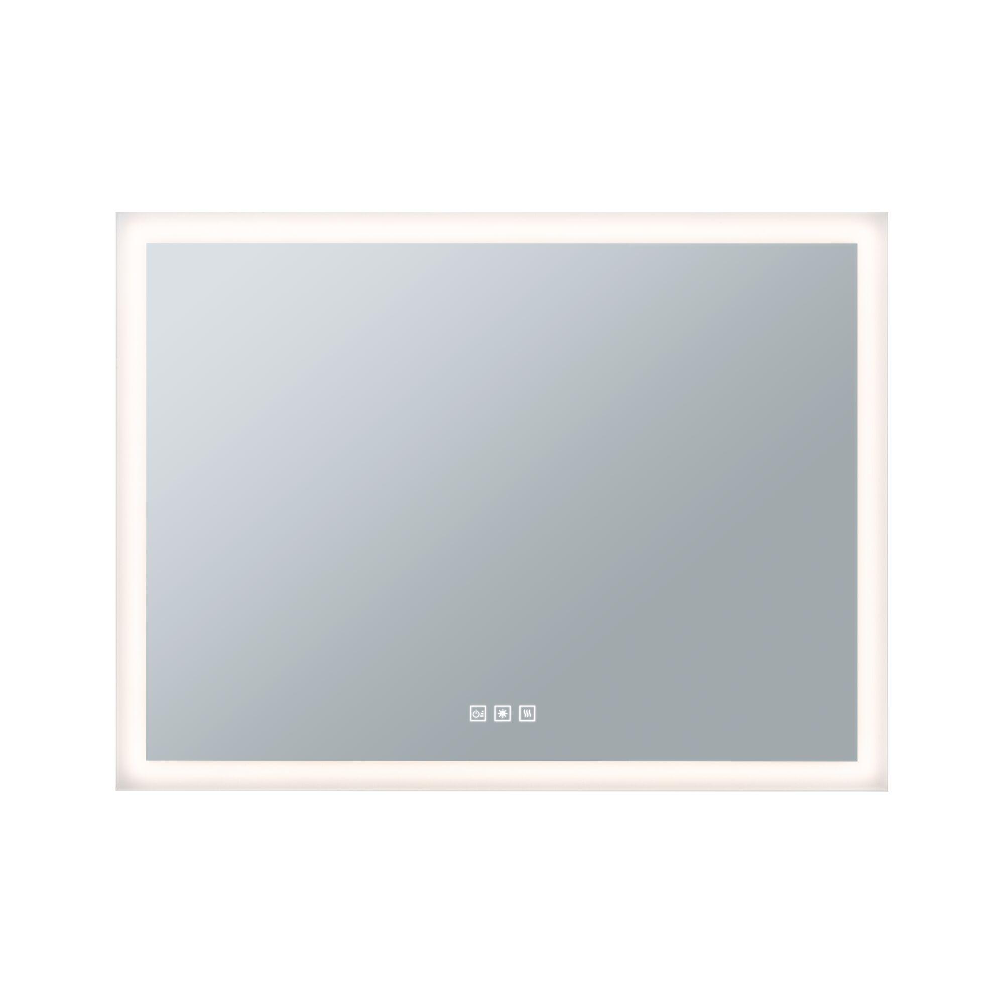 Rectangular mirror with white LED frame and touch sensors for bathroom lighting