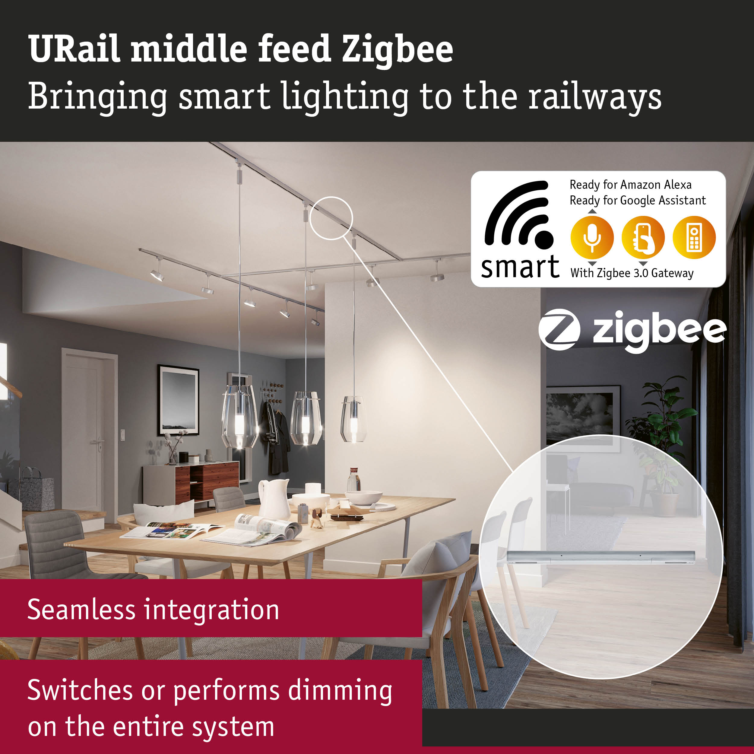 Modern living room with white URail Zigbee smart rail system for seamless smart lighting control