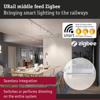 Modern living room with white URail Zigbee smart rail system for seamless smart lighting control