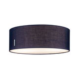 Round ceiling light with dark blue fabric shade and diffused light for living spaces