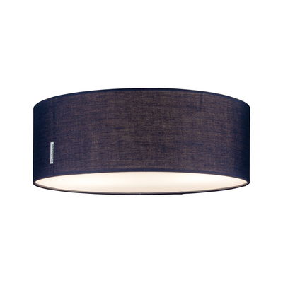 Round ceiling light with dark blue fabric shade and diffused light for living spaces