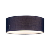 Round ceiling light with dark blue fabric shade and diffused light for living spaces