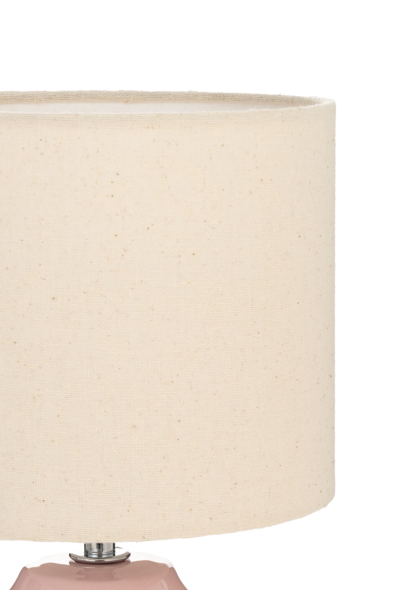 Beige fabric lampshade with fine texture on pink ceramic base for ambient room lighting
