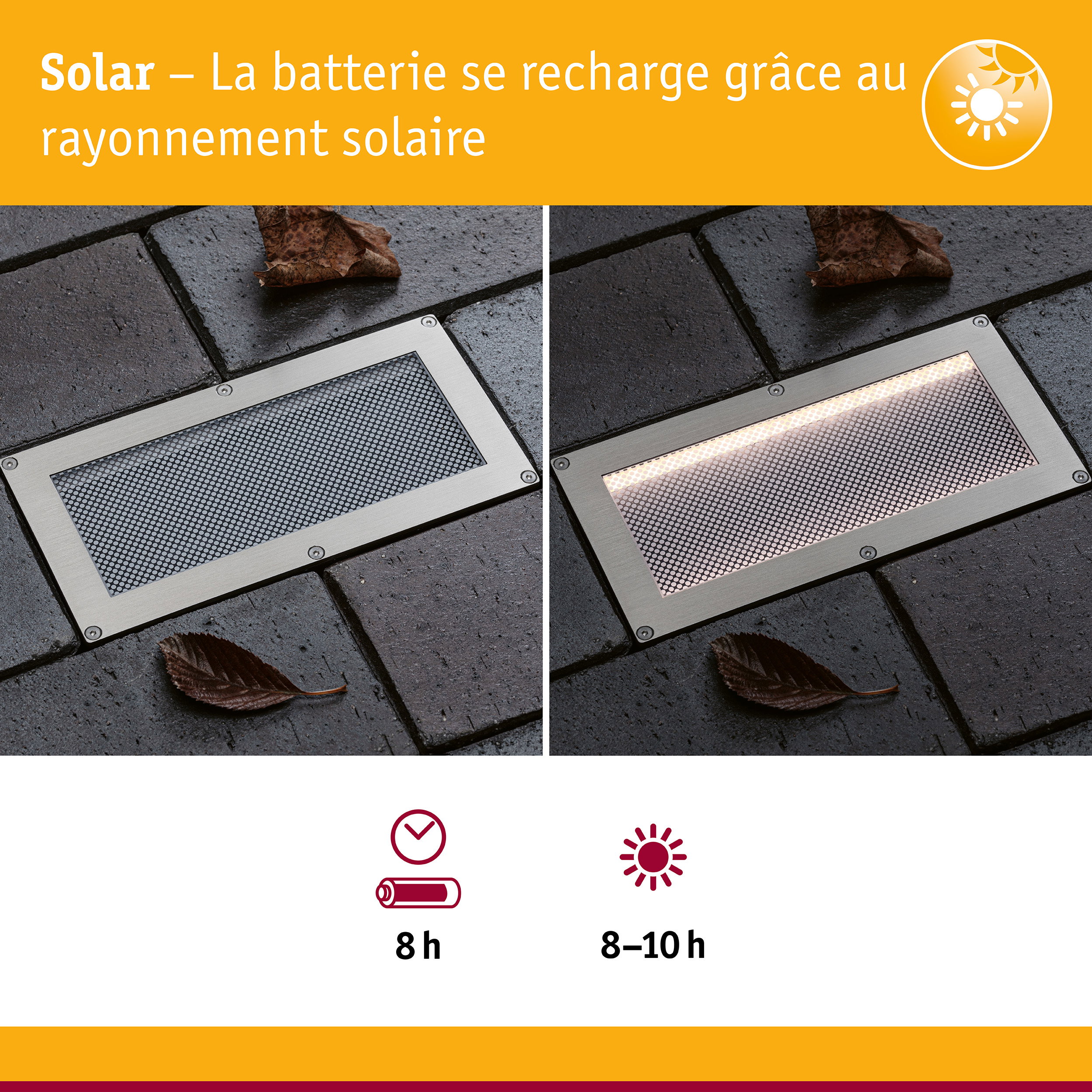 Solar Encastré de sol LED Sorea Capteur crépusculaire IP67 carré 200x100mm 3000K 0,3W 16lm 3,7V Acier brossé ABS/Polycarbonate/Acier inoxydable