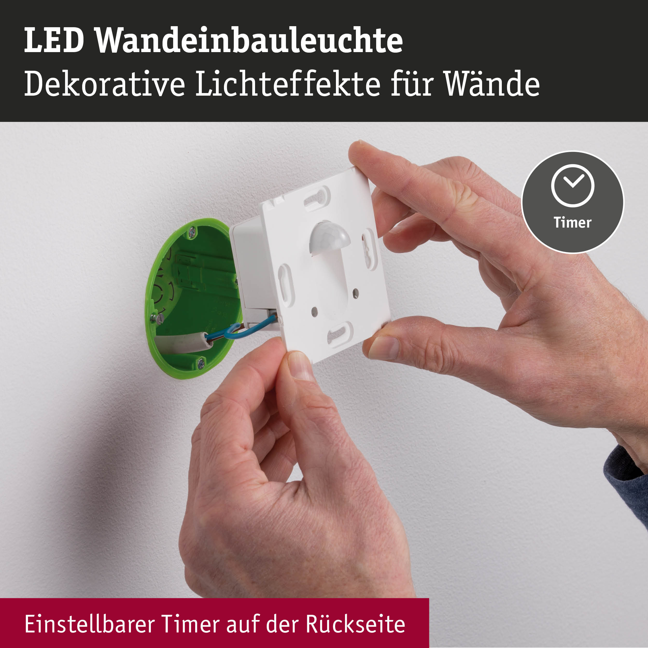 Installation einer weißen LED-Wandeinbauleuchte mit grünem Gehäuse und einstellbarem Timer